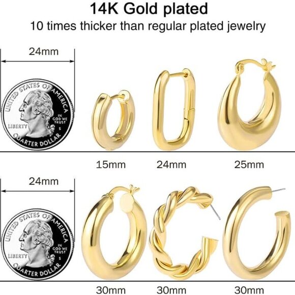 6 Pairs Chunky Gold Hoop Earrings Set for Women 14K Gold Plated Hypoallergenic T - Picture 2 of 6